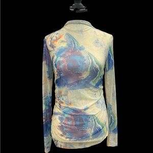 Cider Artistic Top - Cream & Blue single layer mesh rouched sides Size M